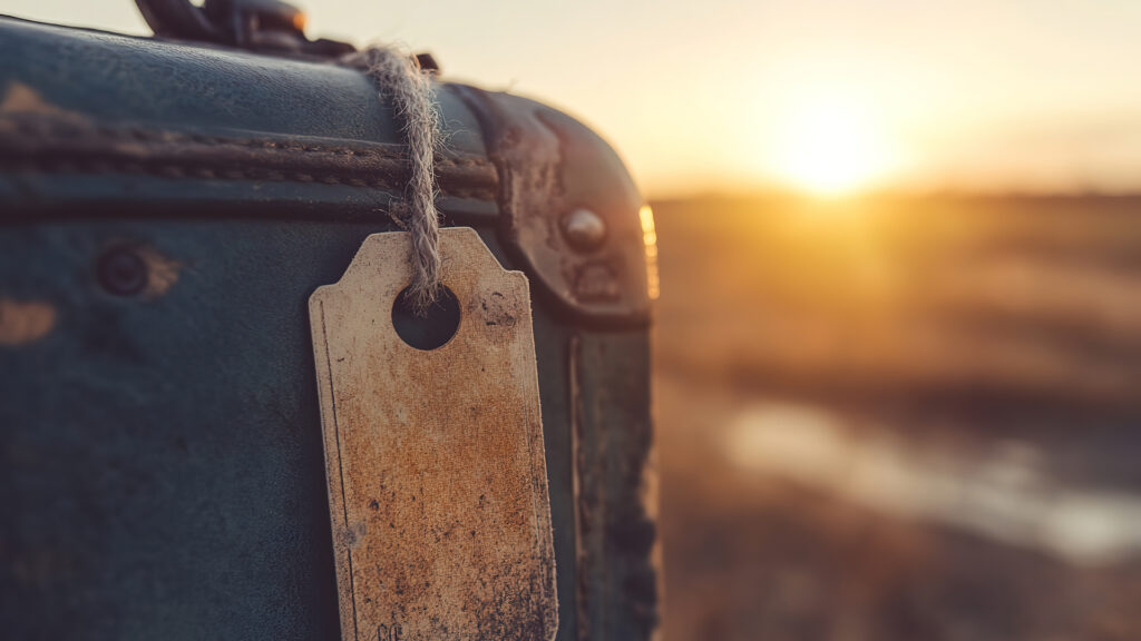 Valise en carton devant un coucher ou lever de soleil à l'horizon.