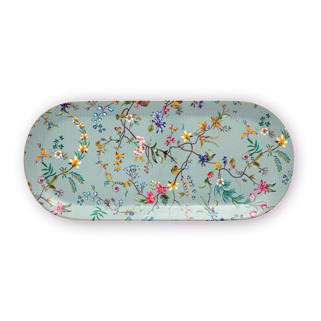 Plat à cake en porcelaine véritable, motif floral, fond bleu-vert.