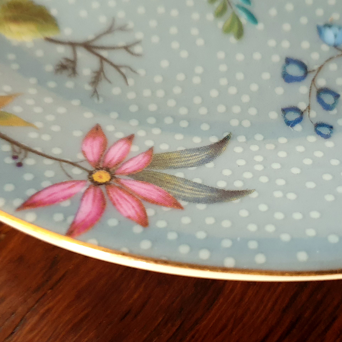 Plat à cake en porcelaine véritable, motif floral, liseré or